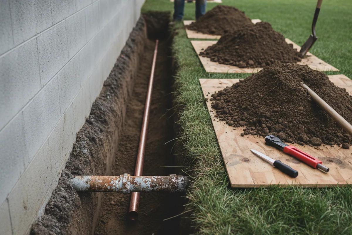 Excavated water line trench during Water Heater Repair in Bernardsville